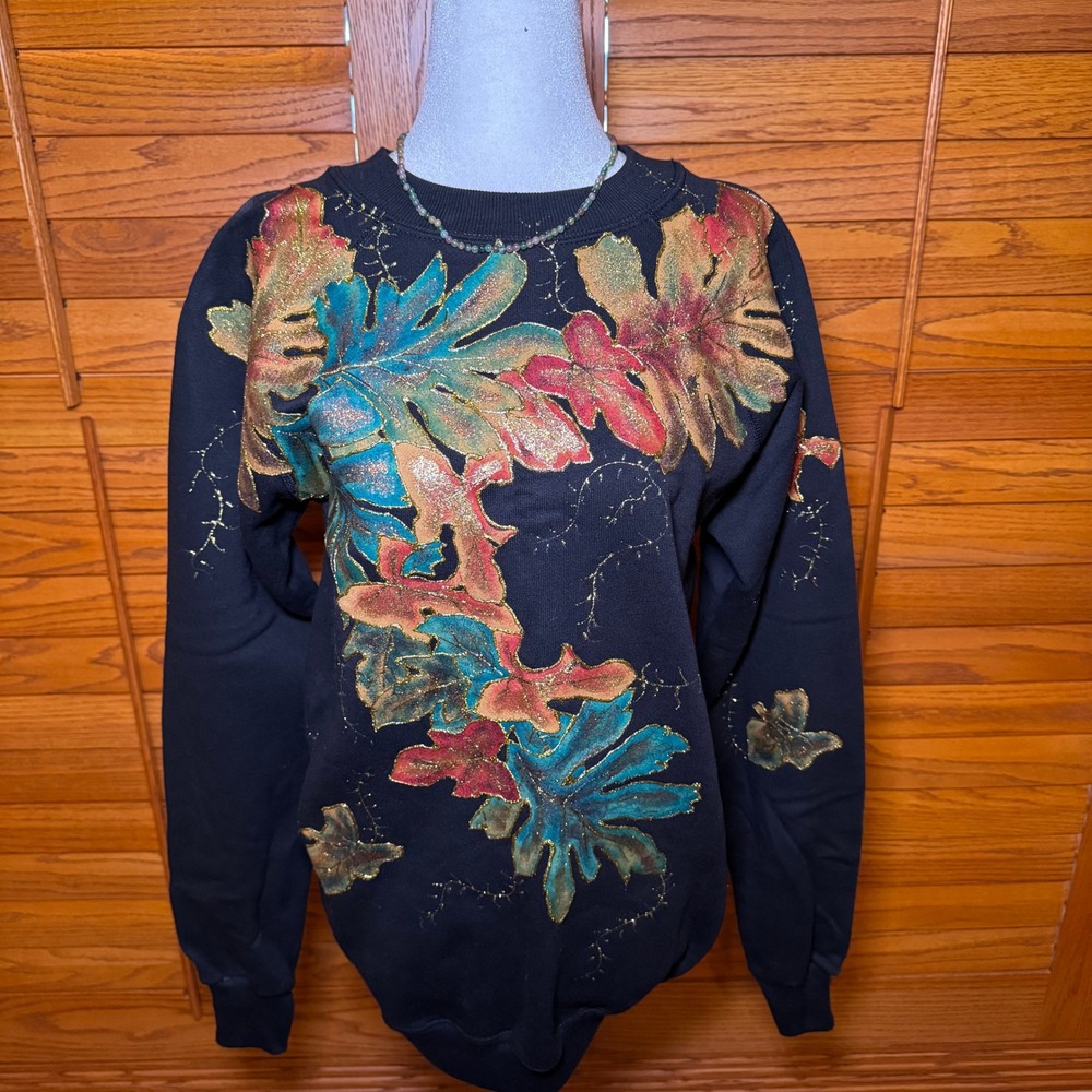 Vintage Hanes Her Way Hand Painted Autumn Sweatshirt Black Medium USA Made